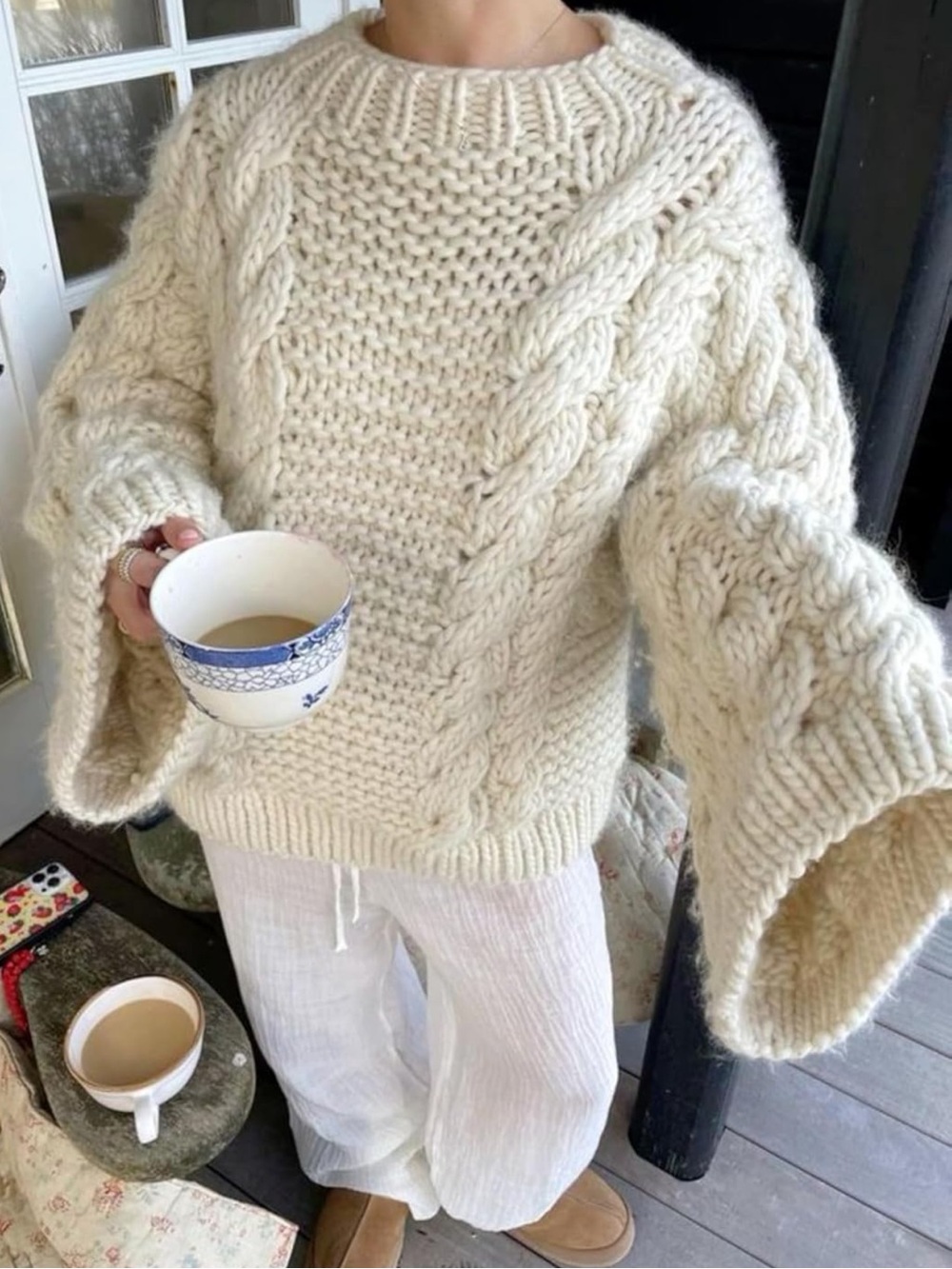Chunky Cable Knit Cream Sweater - Women's Cozy Pullover
